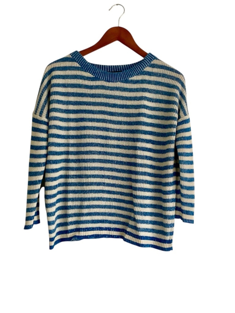 J. Crew Striped Linen Blend Knit Sweater XS Blue Relaxed Crewneck Nautical Beach